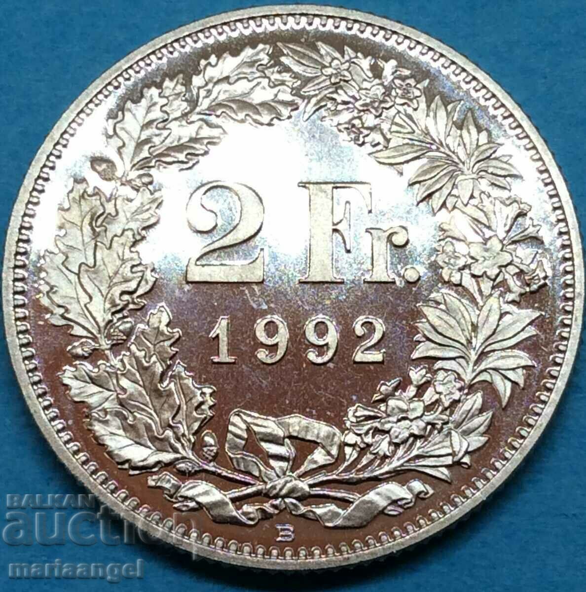 Switzerland 2 francs 1992 Helvetia UNC PROOF - rare