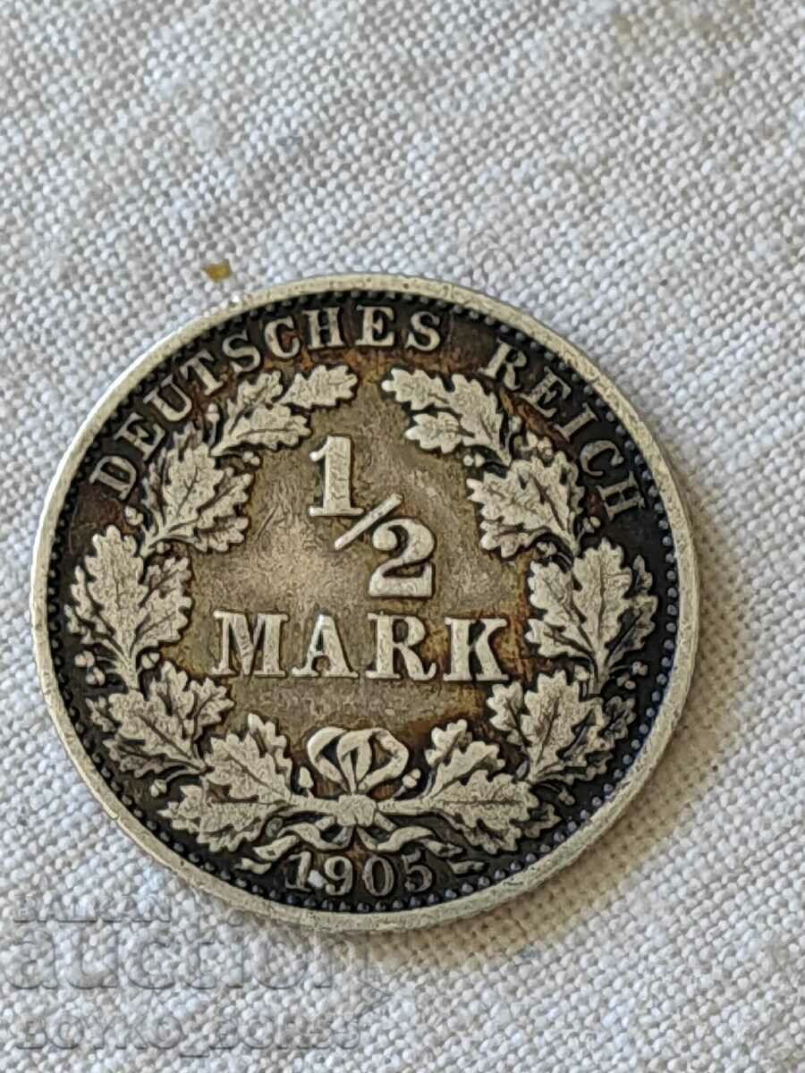 Moneda germană de argint 1/2 marcă 1905