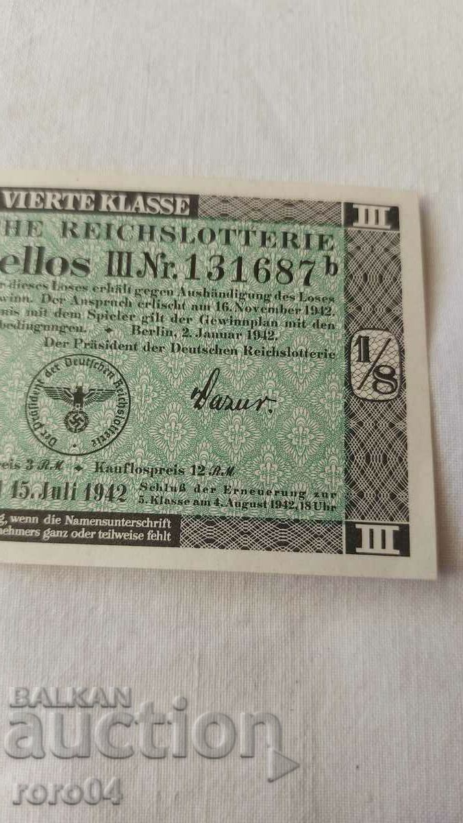LOTTERY TICKET - NAZI GERMANY - No 131687 b - 5 LOTTERY TICKET - NAZI GERMANY - No 131687 b - 5