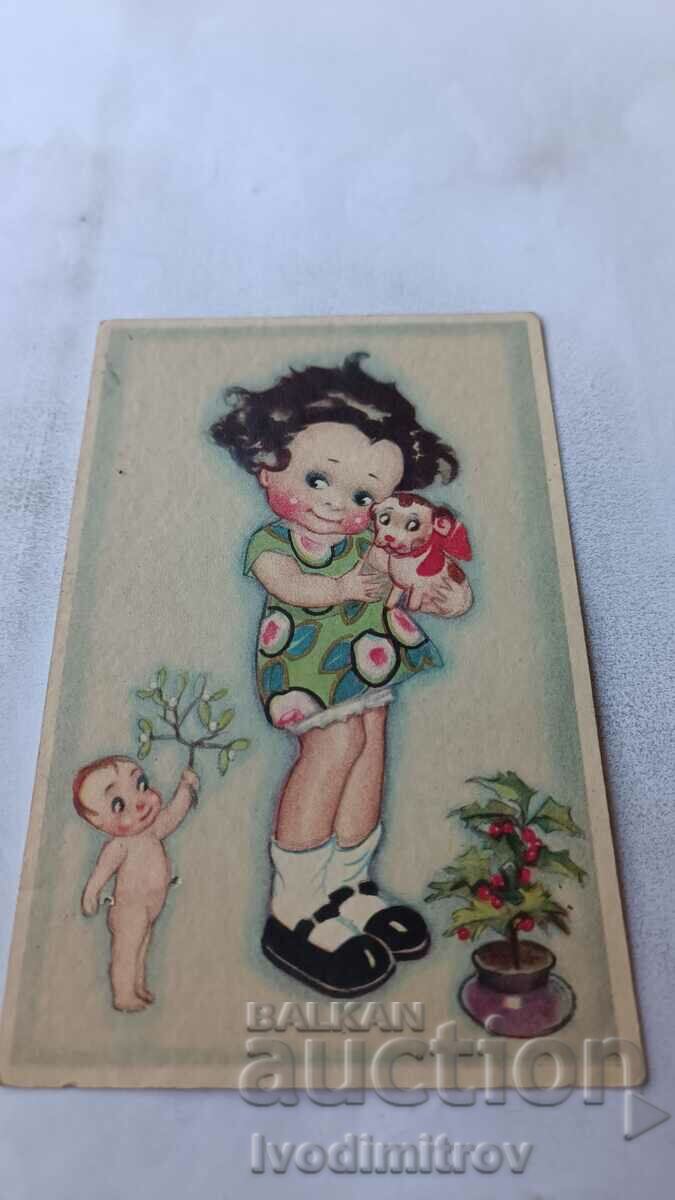 Postcard Girl with a small puppy in her arms 1930