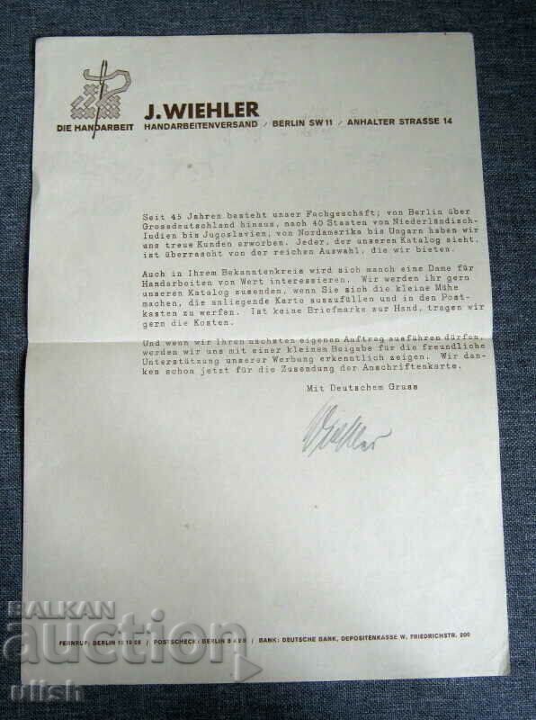 Стар документ рекламно писмо Вилер J. Wiehler подписан