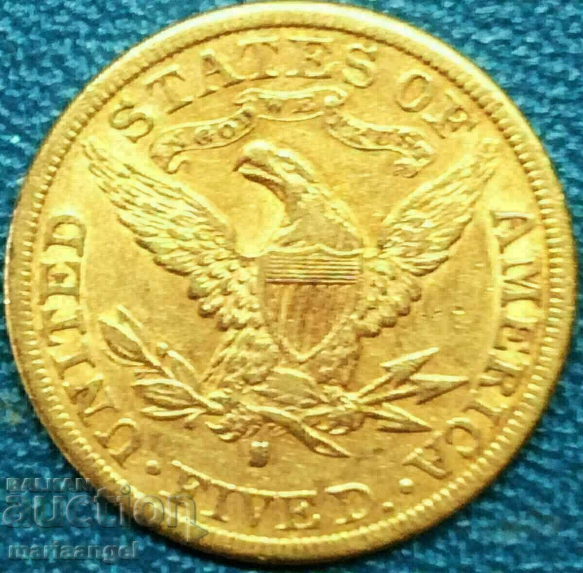 5 dolari 1887 SUA S Gold Liberty 8,36 g 21,6 mm