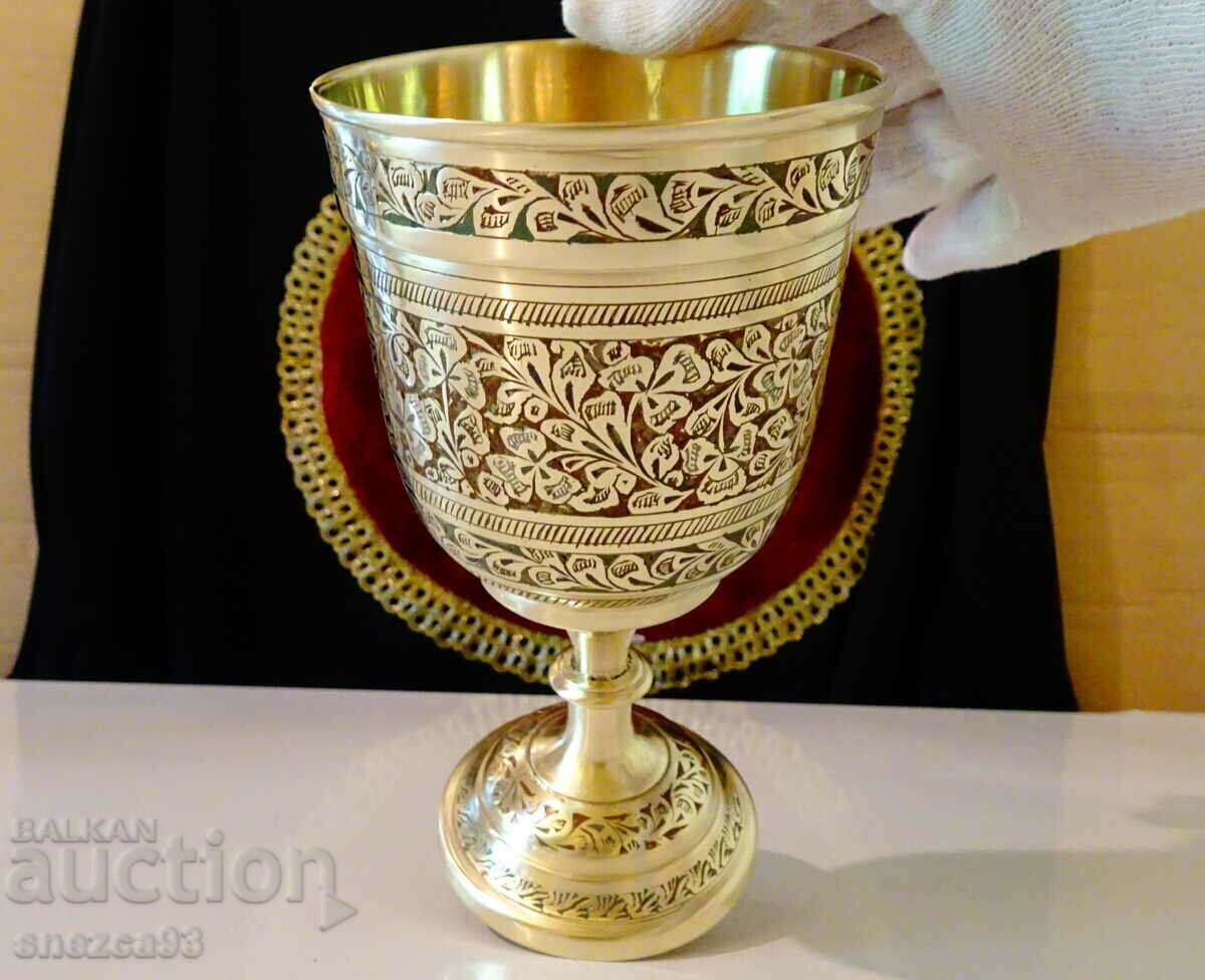 Magnificent bronze goblet, cellular enamel, marked.