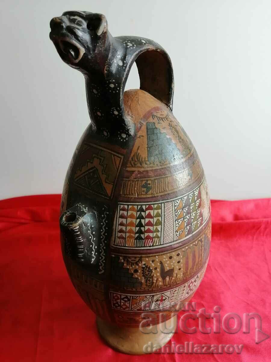 Vasă unică din ceramică veche PERU, Jaguar negru