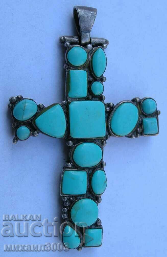 Solid 925 silver cross 18.76 grams with turquoises
