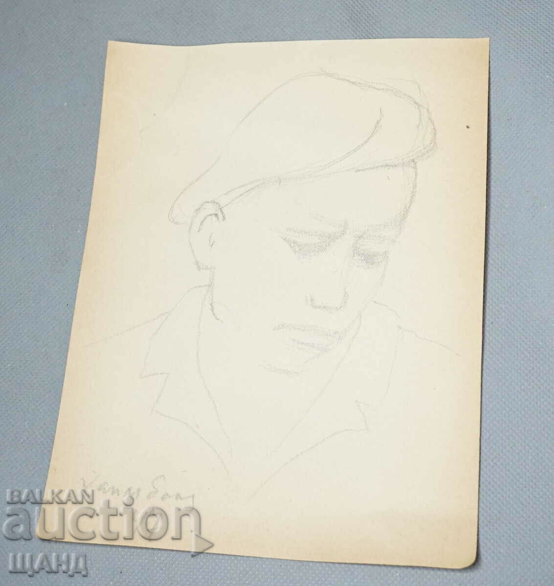 1947 Авторска Рисунка Картина молив портрет мъж с шапка