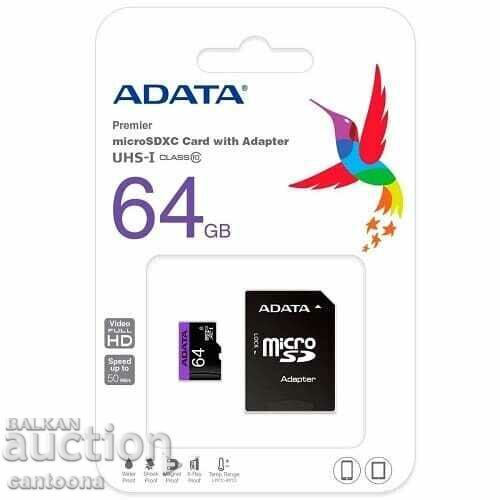 Card de memorie Adata Premier Micro SDXC de 64 GB UHS-I clasa 10 Card de memorie Adata Premier Micro SDXC de 64 GB UHS-I clasa 10