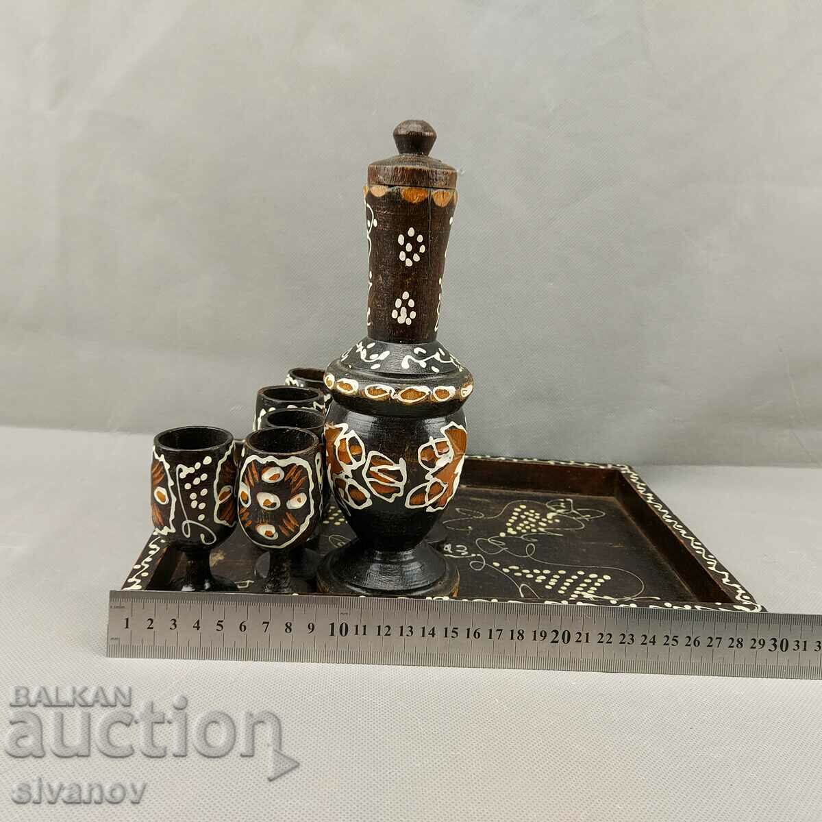 Interesting old decorative wooden brandy service #0636 - 6 Interesting old decorative wooden brandy service #0636 - 6