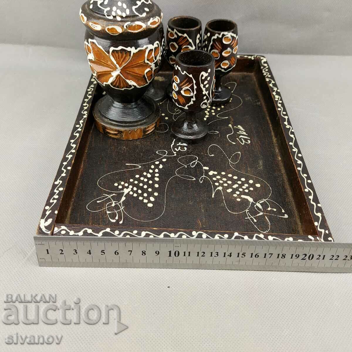 Interesting old decorative wooden brandy service #0636 - 7 Interesting old decorative wooden brandy service #0636 - 7