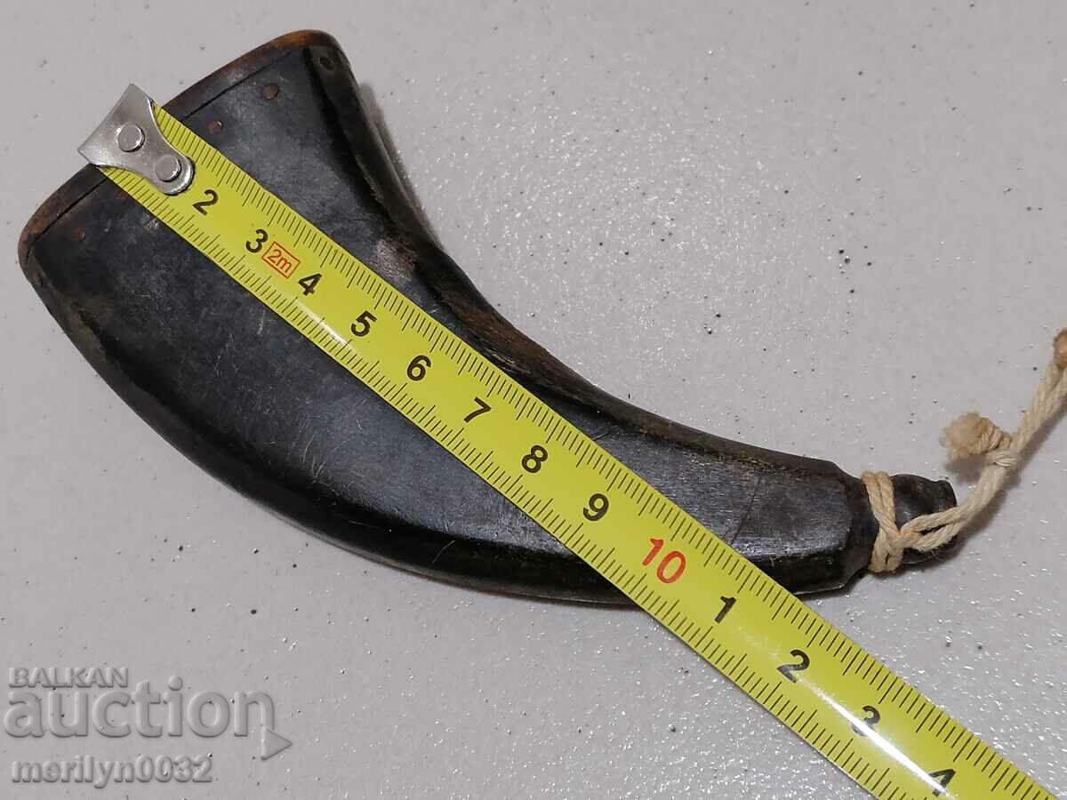 Antique horned horn and leather powder case for a rifle, Pishtov - 5