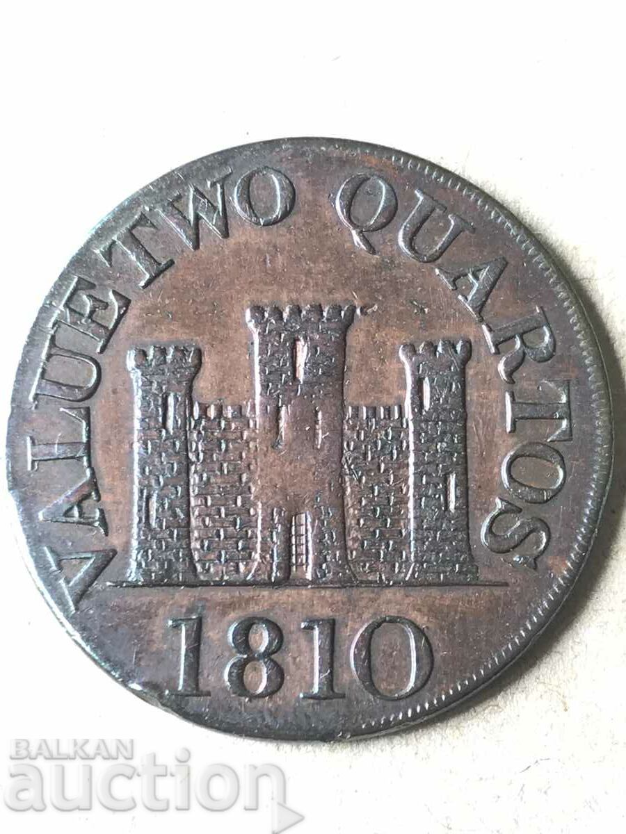 Гибралтар Великобритания 2 куартос 1810 рядка медна монета