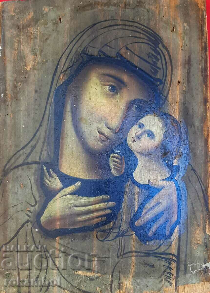 Стара руска ръчно рисувана икона на Богородица с младенеца