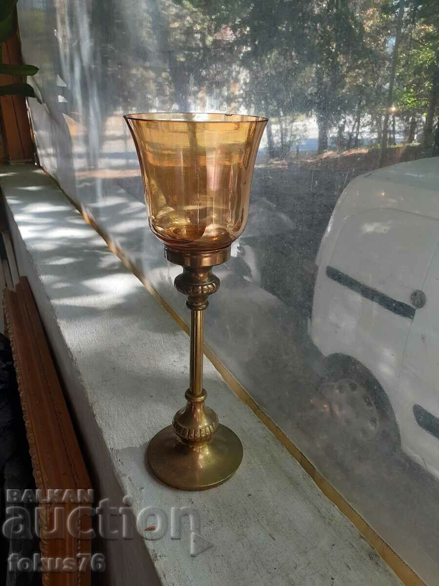 Large heavy solid goblet of bronze and colored glass