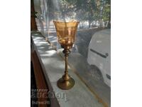 Large heavy solid goblet of bronze and colored glass