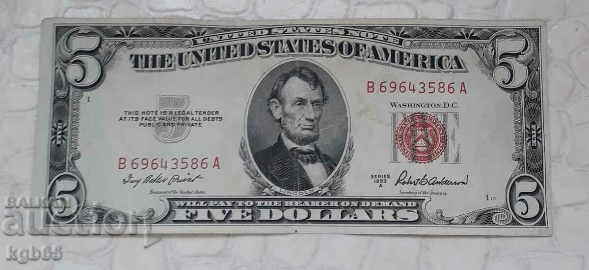 5 dolari 1953 SUA timbru roșu.
