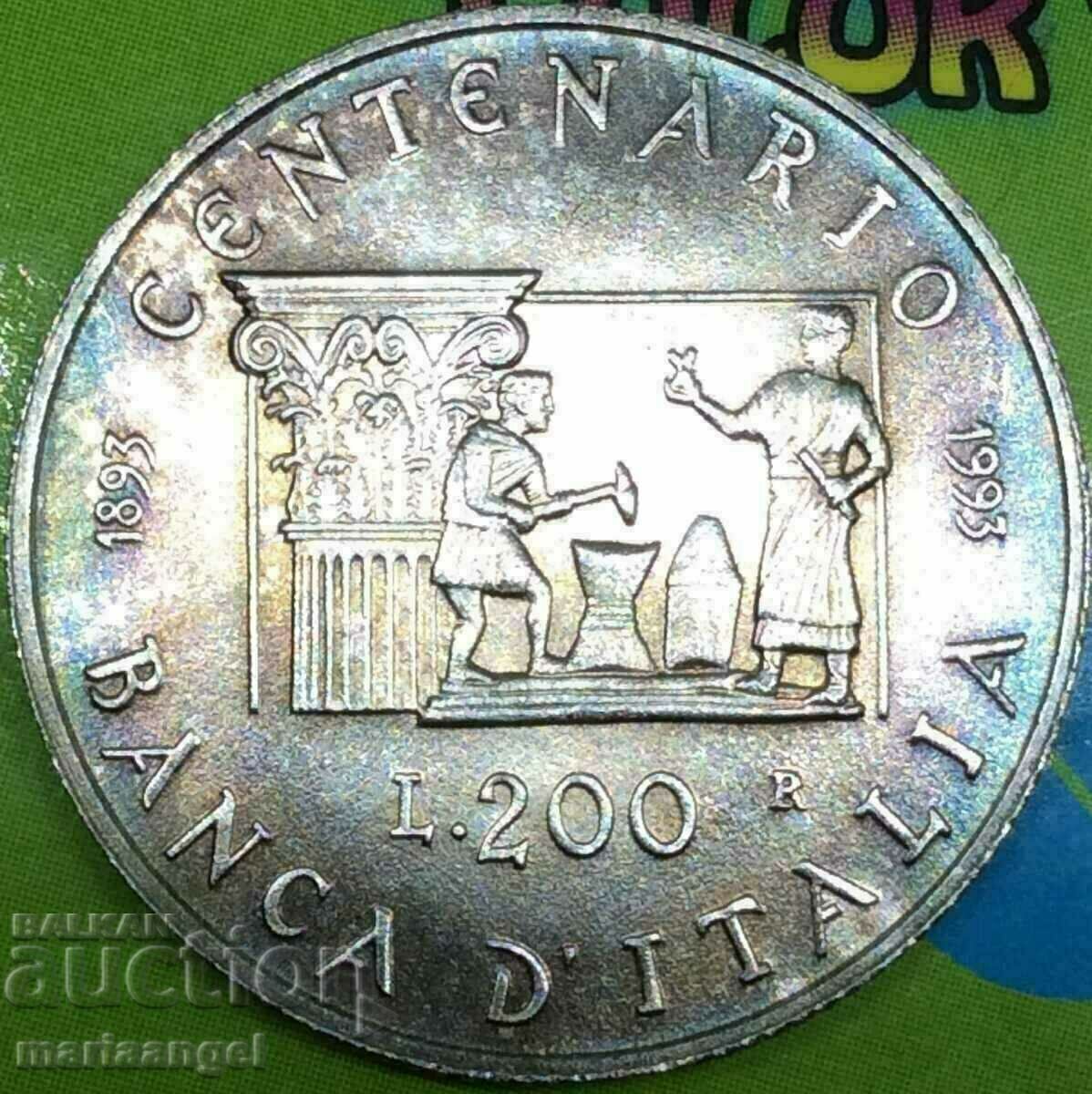 200 lire 1993 - 100 de ani de argint al Băncii Italiei UNC rare