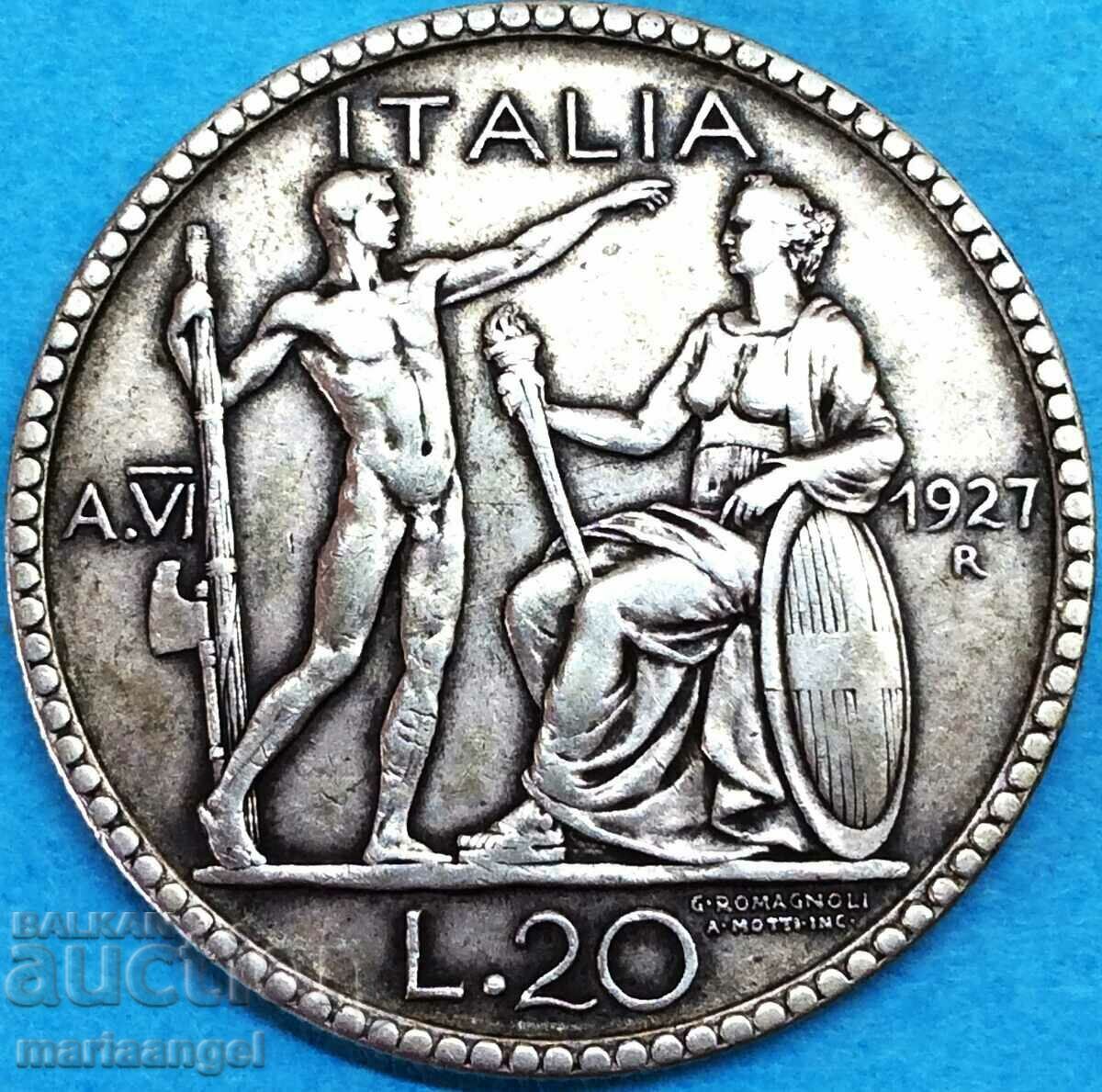 Italia 20 Lire 1927 Victor Emmanuel Argint