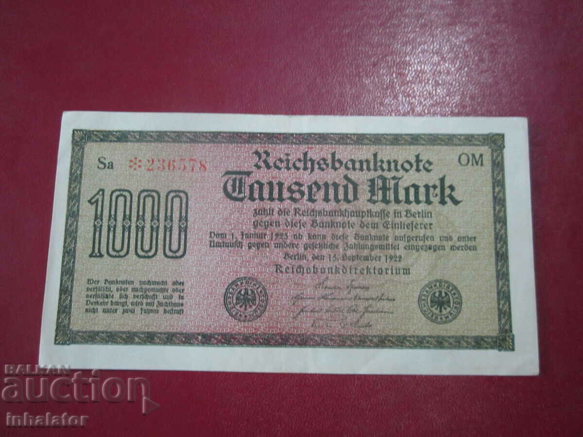 1000 Marks 1922 REICHSBANKNOTE - 16 - 8,5 cm