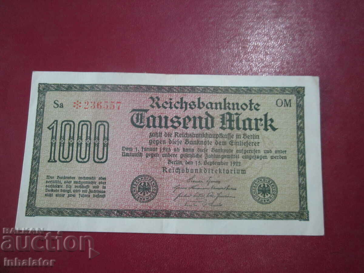 1000 de mărci 1922 REICHSBANKNOT - 16 - 8,5 cm