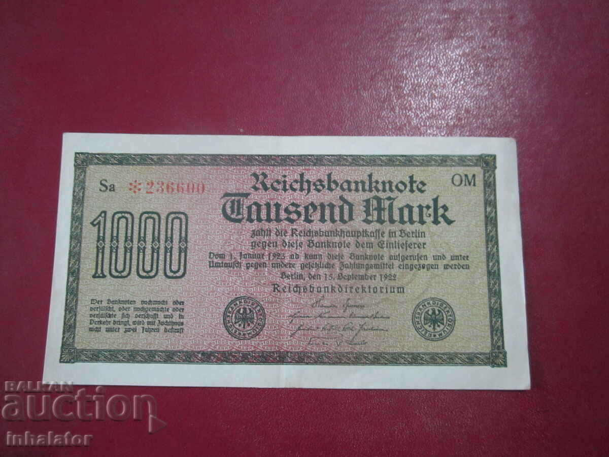 1000 de mărci 1922 REICHSBANKNOT - 16 - 8,5 cm