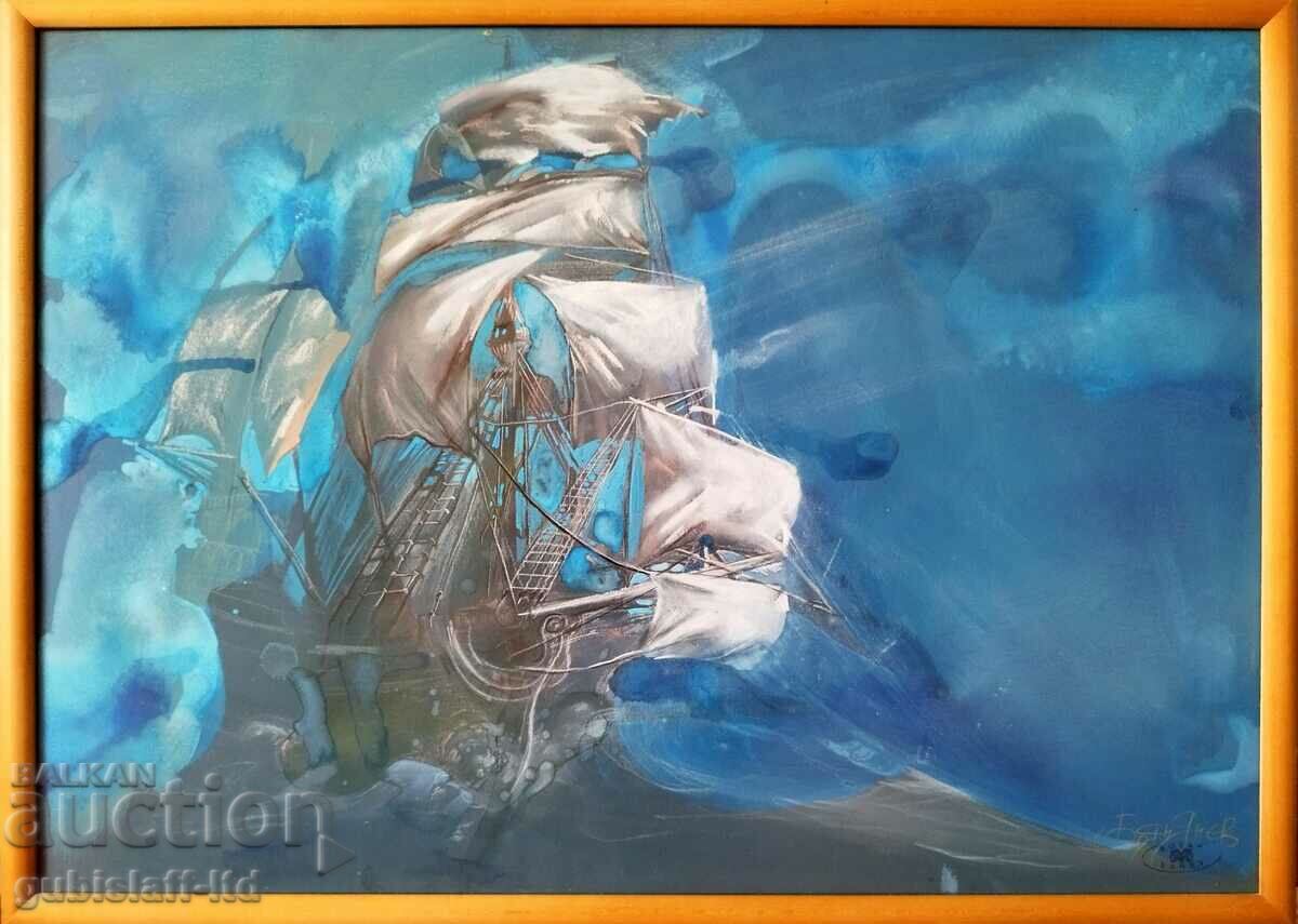 Картина, кораб, море, буря, худ. Боян Янев