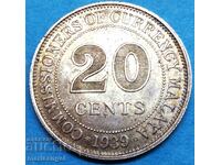 20 цента 1939 Малая Великобритания сребро златна патина