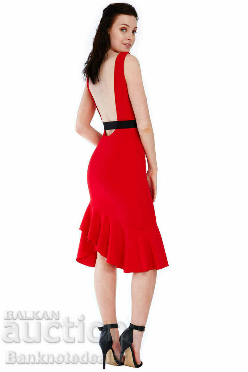Open back midi dress with ruffles and ribbon detail