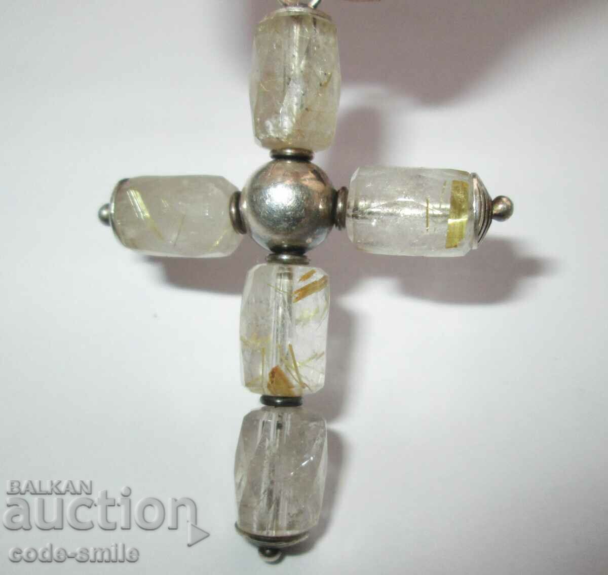 Unique Old Silver Cross with Mountain Crystals Pendant - 6