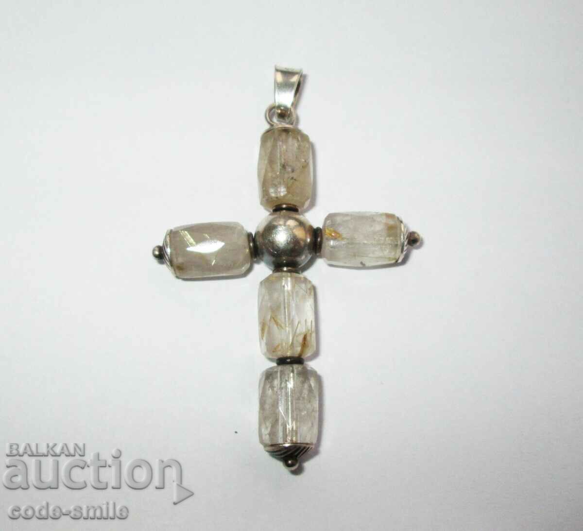 Cruce unică de argint veche cu pandantiv cu cristale de munte