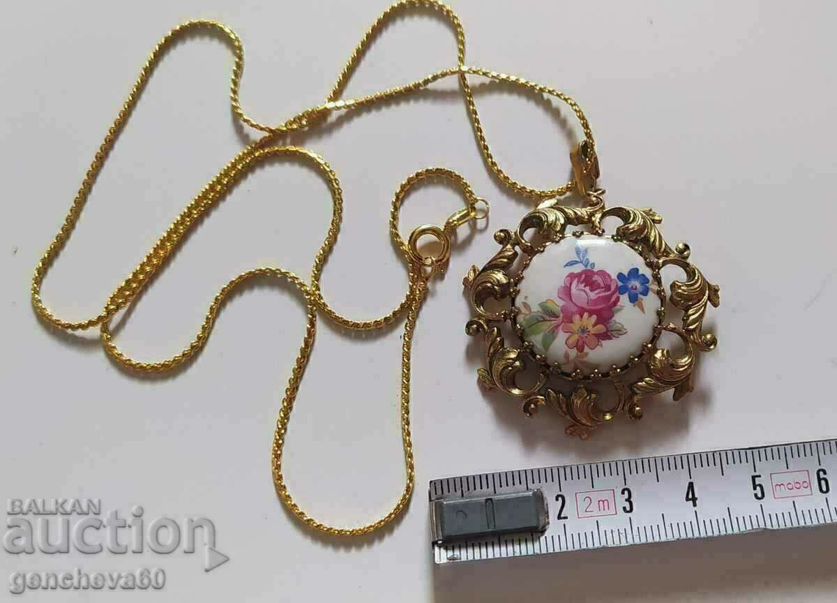 Vintage porcelain necklace, gold plated ITALY - 6