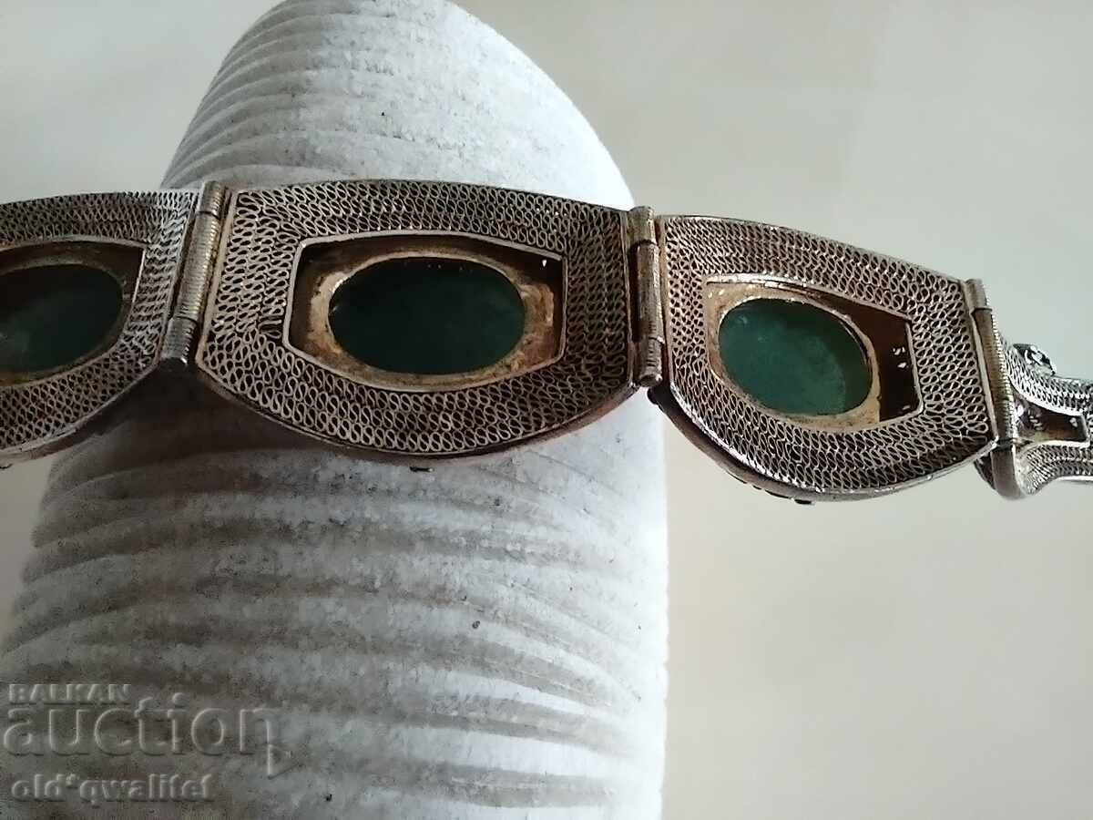 Много стара сребърна гривна, фантастична с Нефрит, позлата - 7 Много стара сребърна гривна, фантастична с Нефрит, позлата - 7