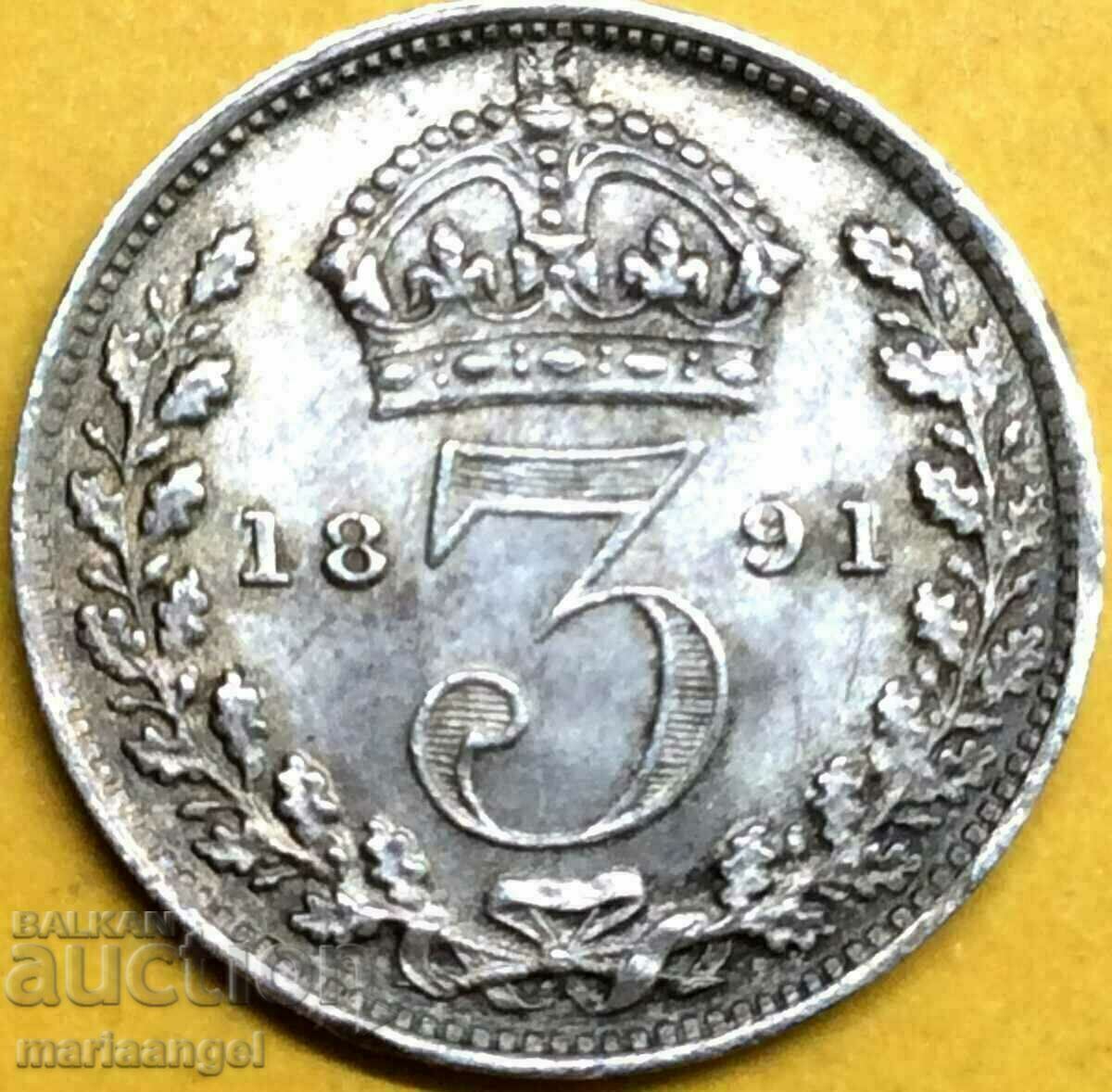 Marea Britanie 3 Pence 1891 Victoria Silver