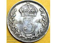 Marea Britanie 3 Pence 1891 Victoria Silver
