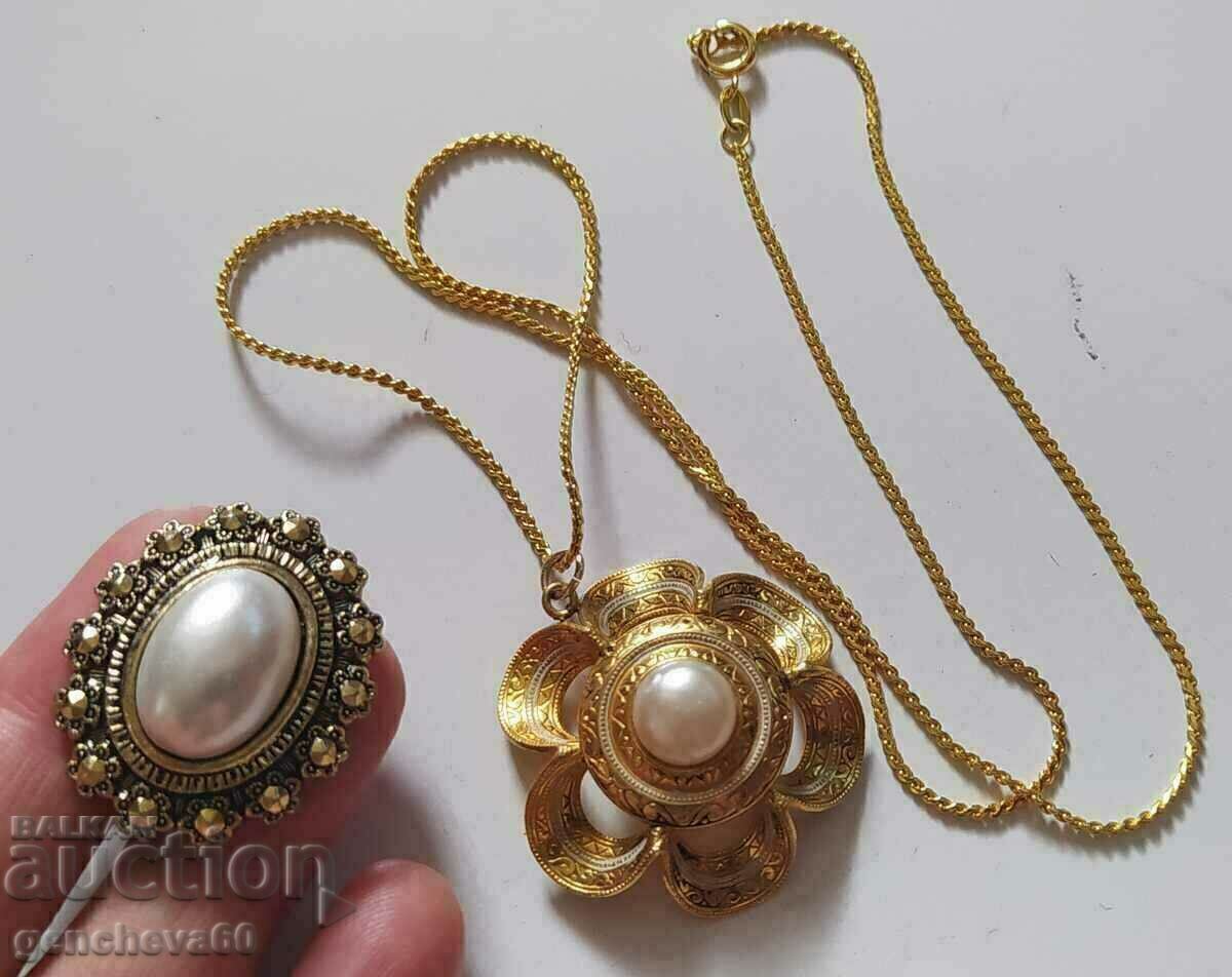 Κολιέ και καρφίτσα με μαργαριτάρι, επιχρυσωμένο - 5