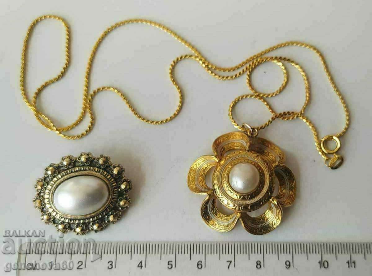 Pearl necklace and brooch, gilding - 6