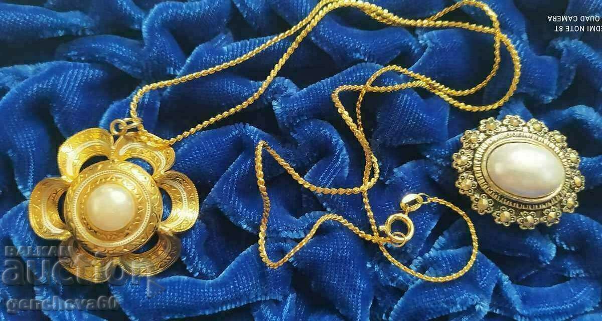 Κολιέ και καρφίτσα με μαργαριτάρι, επιχρυσωμένο