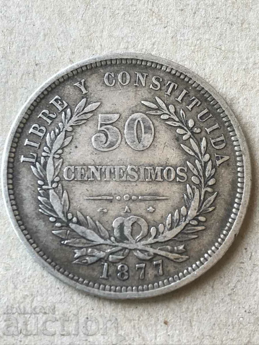 Уругвай 50 сентесимос 1877 сребро