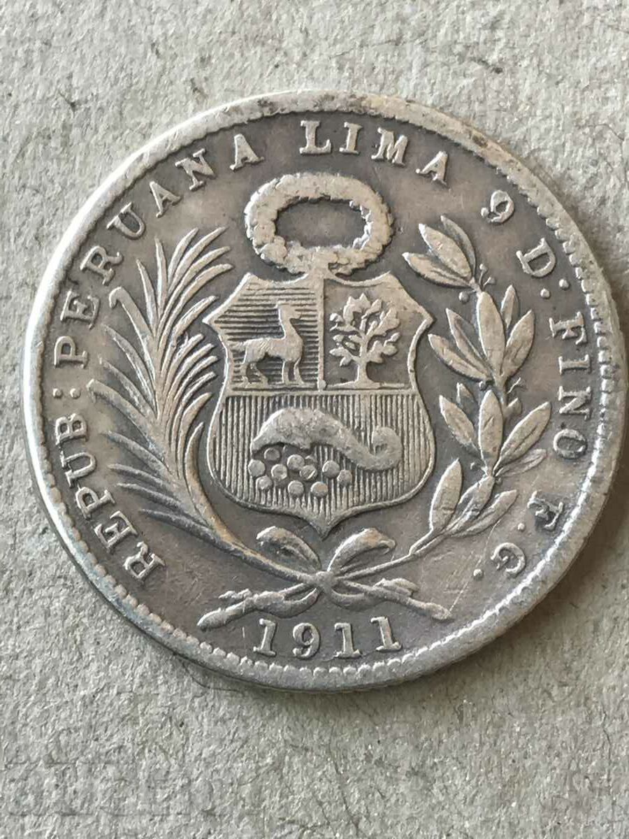 Перу 1/5 сол 1911 сребро
