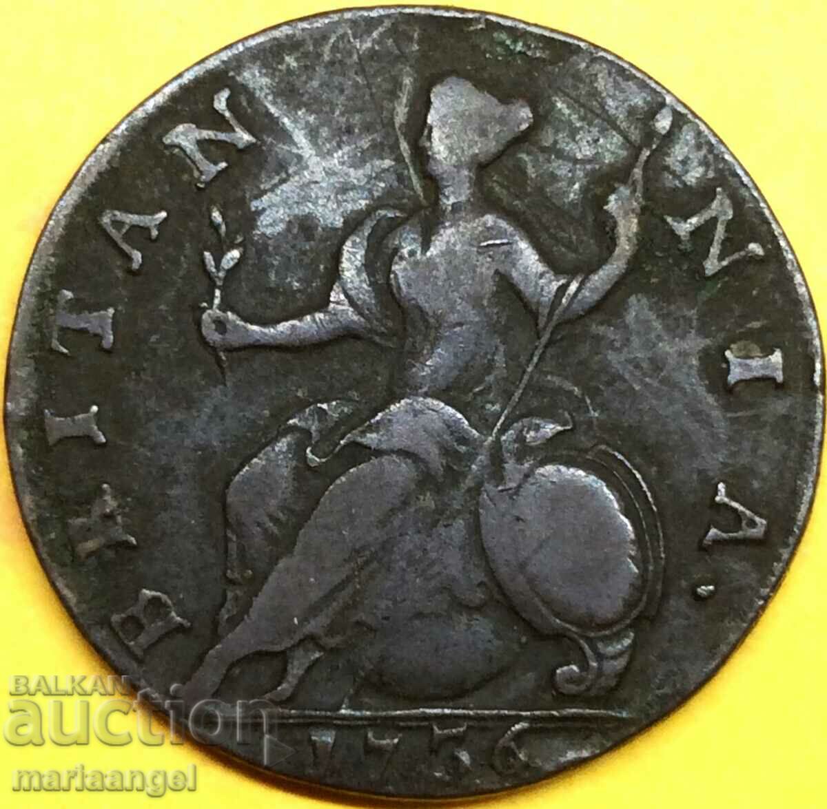 Great Britain 1.2 Penny 1736 US Colonial Coin 10.2y