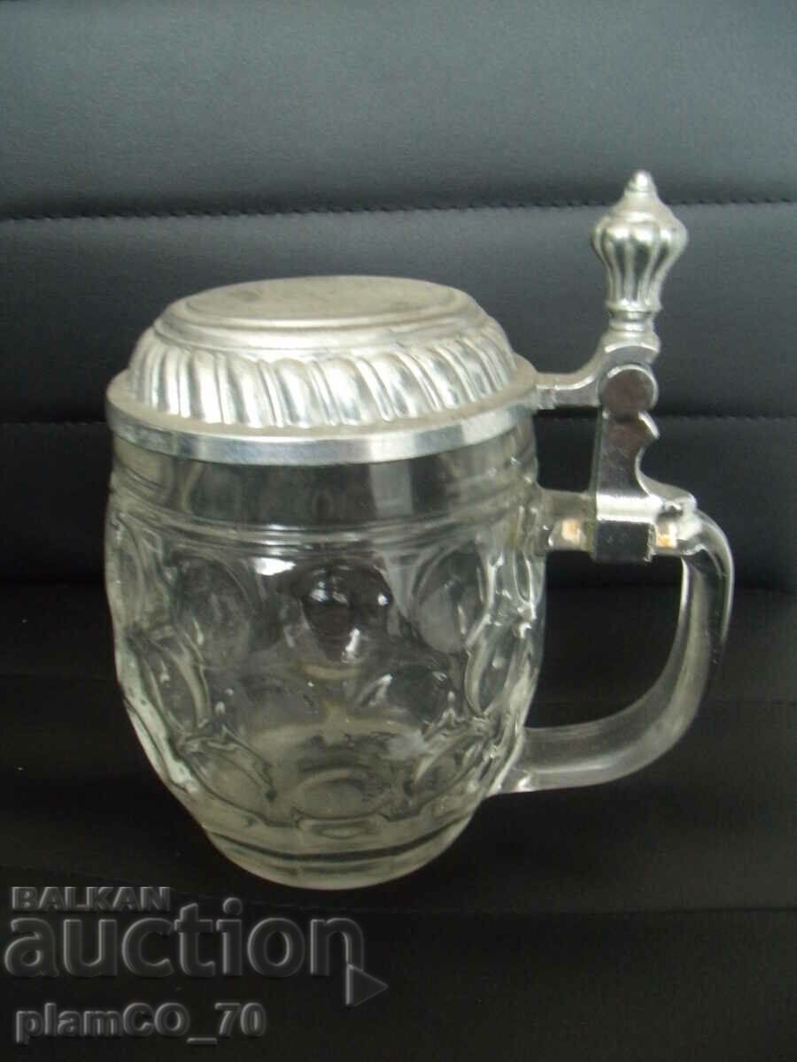 #*7111 old glass mug with metal lid