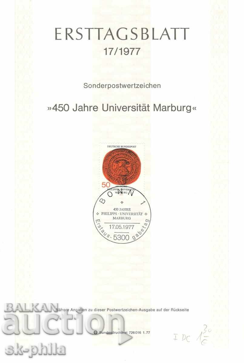 Fișa oficială a primei zile - 450 de ani Universitatea din Marburg