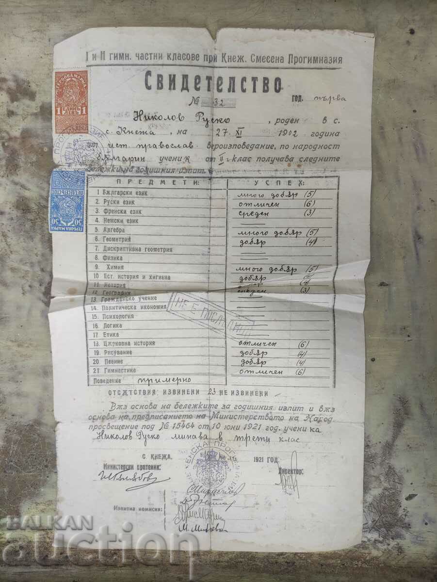 Certificate of Knezha Junior High School 1921