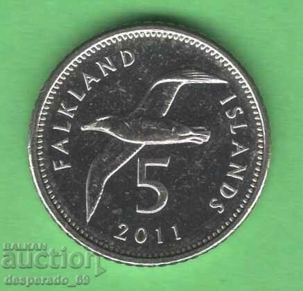 (¯`'•.¸ 5 pence 2011 FALKLAND ISLANDS UNC ¸.•'´¯)
