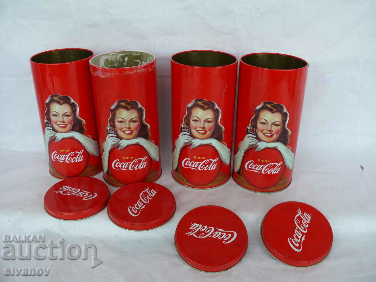 Interesting set of 4 metal Coca Cola cans #1539 with price 24.99 BGN | € 12.78 Interesting set of 4 metal Coca Cola cans #1539 with price 24.99 BGN | € 12.78