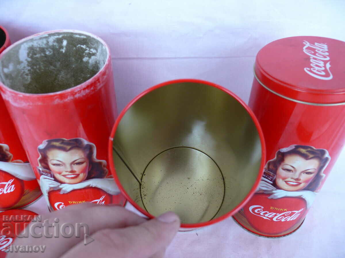 Auction Interesting set of 4 metal Coca Cola cans #1539 Auction Interesting set of 4 metal Coca Cola cans #1539