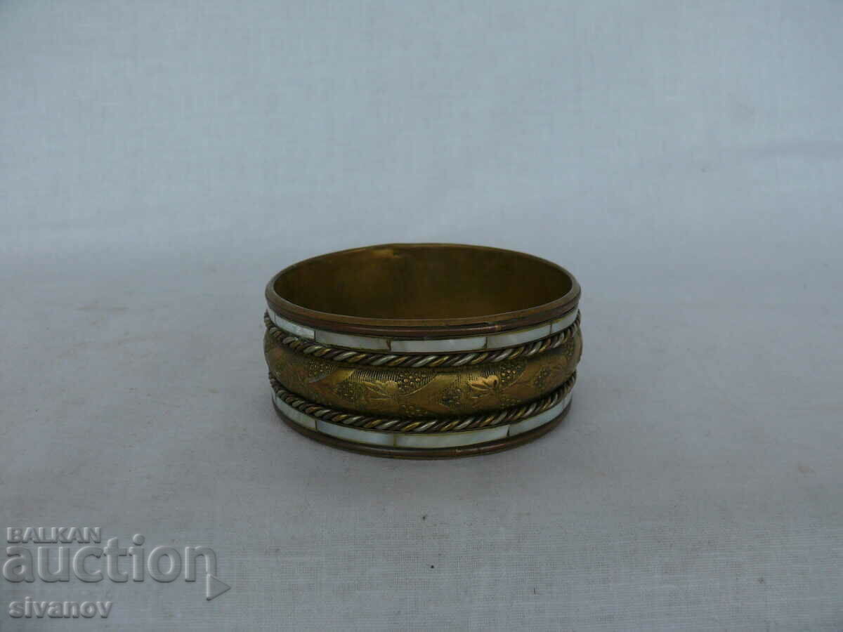 Interesting old brass bracelet with mother of pearl #1553
