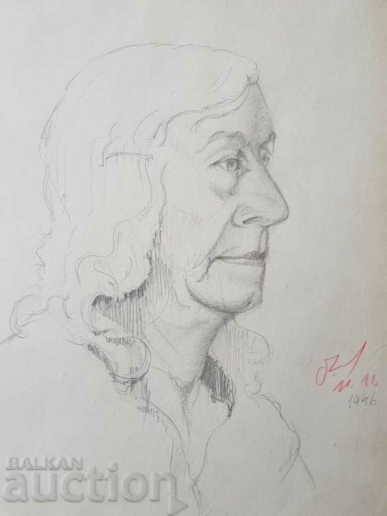 Κύριο σχέδιο με μολύβι Toma Petrov Πορτρέτο γυναίκας 1946