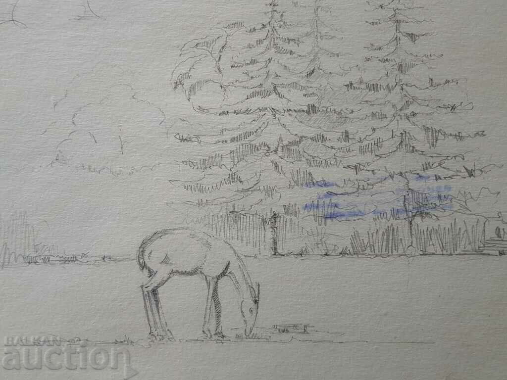 Δημοπρασία Κύριο σχέδιο με μολύβι Toma Petrov Τοπίο με ελαφίνα Δημοπρασία Κύριο σχέδιο με μολύβι Toma Petrov Τοπίο με ελαφίνα