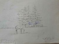 Master pencil drawing Toma Petrov Landscape with doe