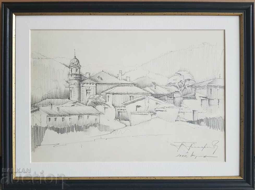 Master pencil drawing Toma Petrov The church in Shumen